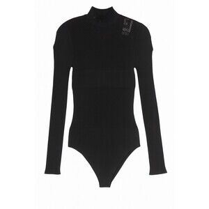 Fendi Black Mesh Mock Neck Logo Bodysuit Women’s Medium Tech Knit Italy FF